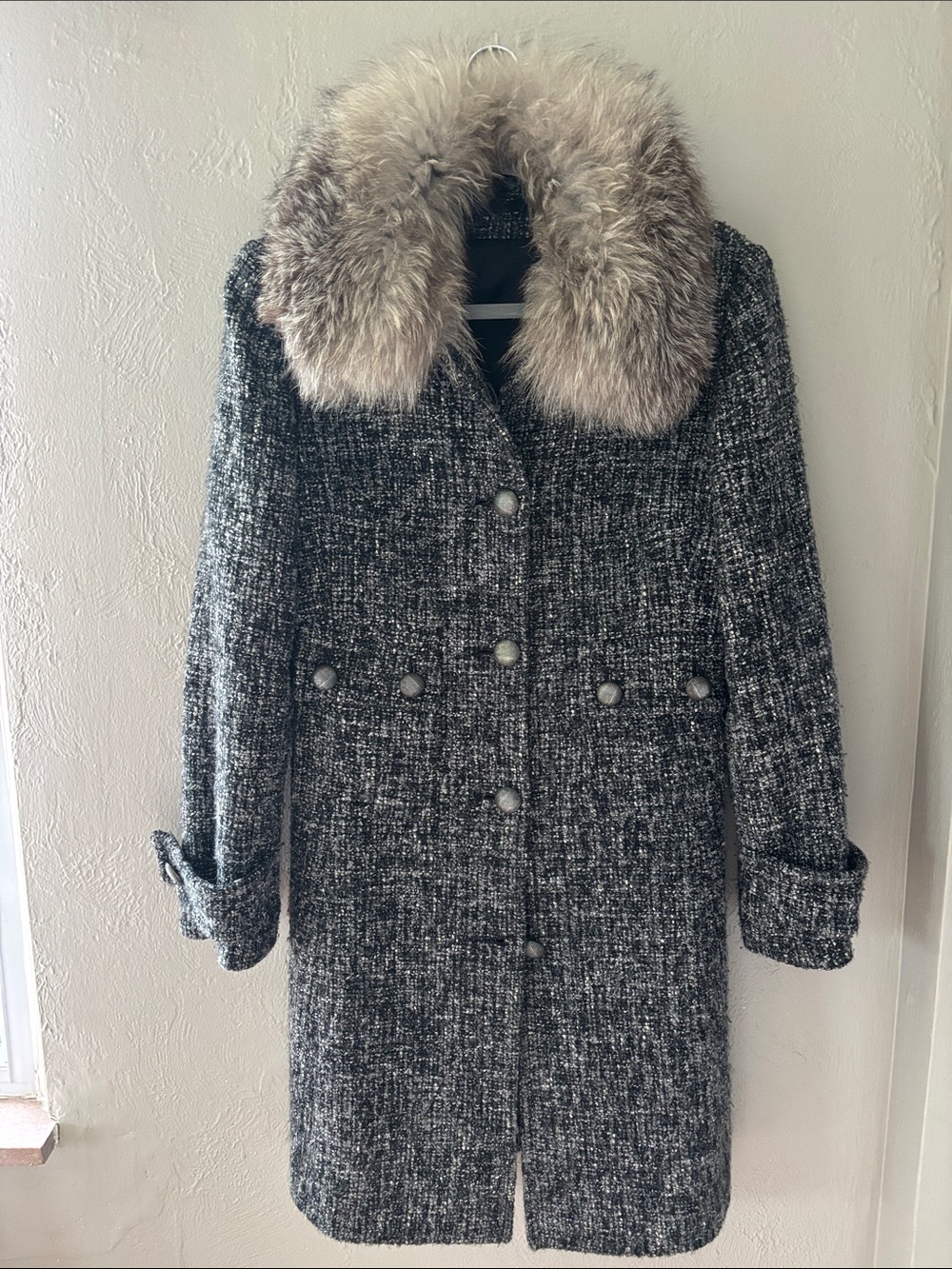 Vintage Y2K Express Black & Gray Tweed Trench Coat with Plush Fox Fur Collar